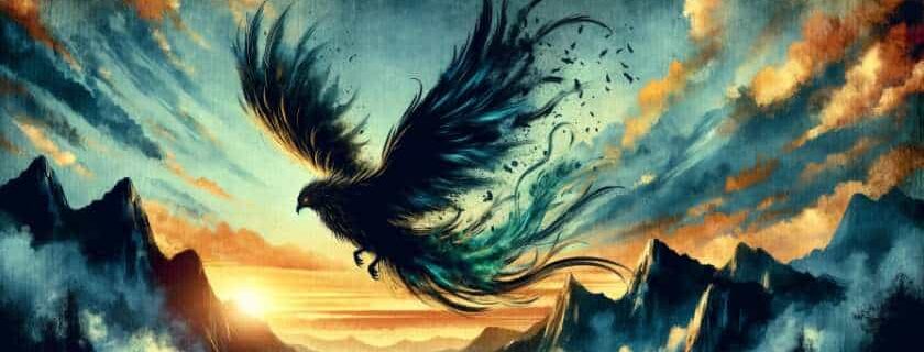majestic black-feathered phoenix soaring over a mystical mountain range
