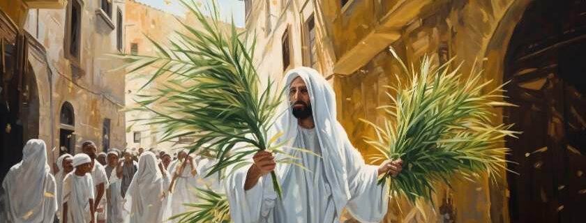 man in white robe holding palm branches and palm branches meaning in the bible