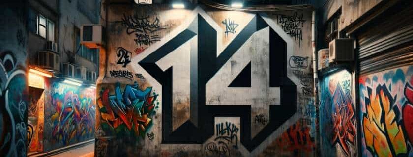 number 14 graffitied on a gritty urban alley wall, surrounded by vibrant street art