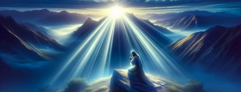 radiant light of Jesus depicted as gentle beams illuminating a solitary figure kneeling in prayer on a serene mountain peak