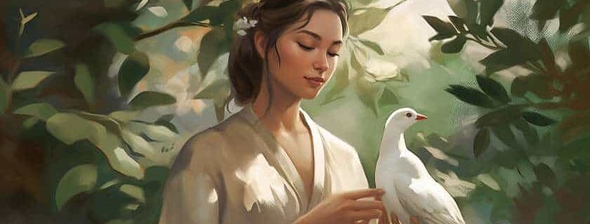 woman in white robe holding a dove in a garden and gifts from god in the bible