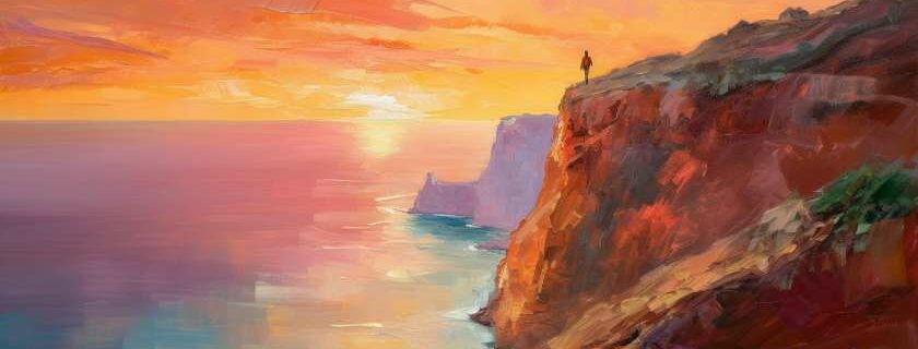 person standing by the edge of a cliff over an ocean during sunset and submit to god