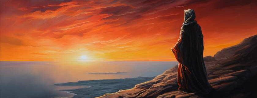 man in robes at the top of a cliff during sunset and acknowledge god in all your ways