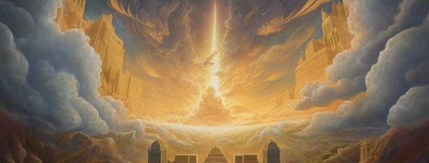 a celestial realm filled with golden architecture and the kingdom of god suffers violence