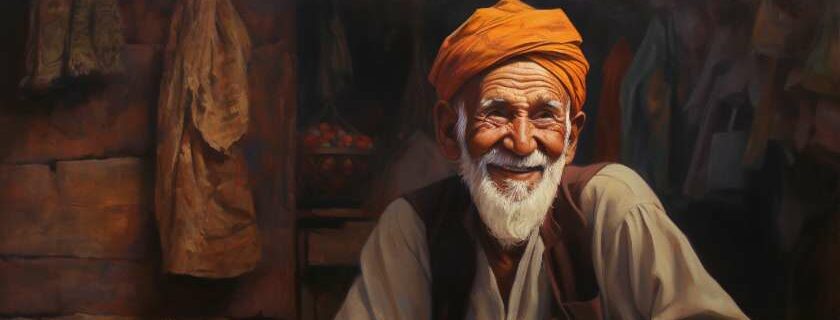 old man in orange turban smiling and does god have a sense of humor