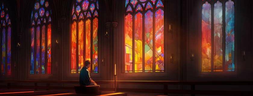 a person kneeling in a cathedral before stained glass windows and acknowledge god in all your ways