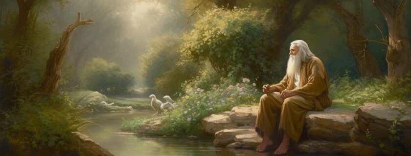 an old man sitting in a tranquil garden and yahweh meaning in the bible