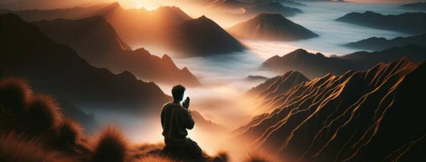 A figure kneeling in prayer on a mountaintop at dawn, with a breathtaking panoramic view of mist-covered valleys below