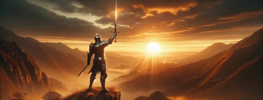 A lone warrior standing on the edge of a cliff at sunrise, raising a sword to the heavens