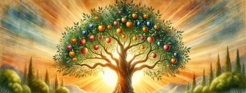 A majestic Tree of Life, with its branches reaching towards the heavens, adorned with vibrant fruits