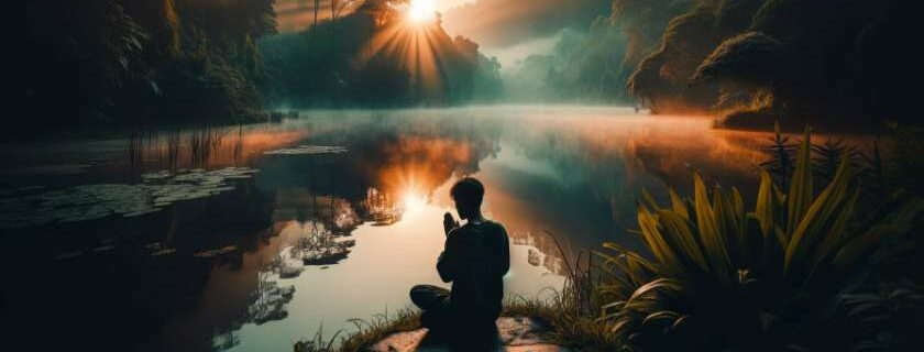 A person in deep contemplation, praying by a serene lake at dawn with reflections of the rising sun