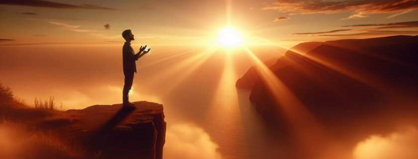 A solitary figure, bathed in the warm glow of a sunset, stands on the edge of a cliff overlooking a vast, serene ocean