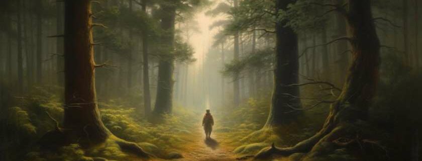 An oil painting portraying a solitary pilgrim journeying through a mystical forest
