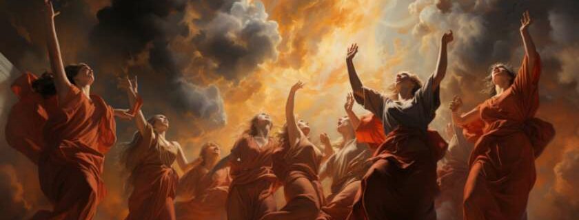 An oil painting portraying imitators of God, depicting figures reaching towards the heavens with reverence and awe