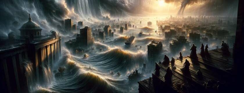 God sent a Great Flood on the earth with massive waves engulfing cities