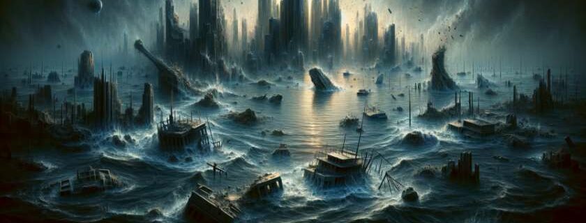 Great Flood unleashed by a higher power an apocalyptic cityscape submerged in dark waters