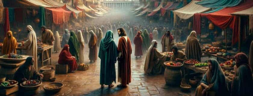 Jesus and Judas Iscariot in a bustling marketplace