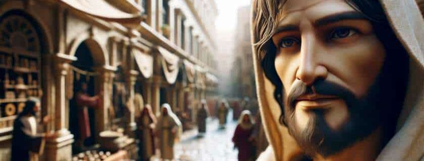 Jesus on an ancient city setting, featuring narrow cobblestone streets lined with market stalls