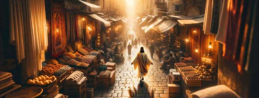 Jesus walking through a labyrinthine marketplace of an ancient city at sunset