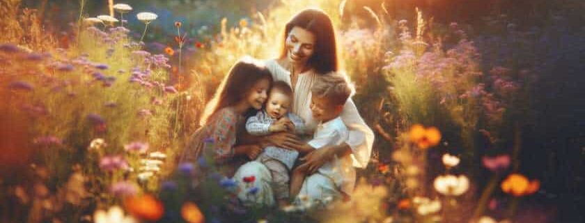 a caring mother surrounded by her playful children in a sunlit meadow