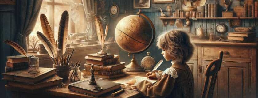 a child is absorbed in studies with antique educational tools