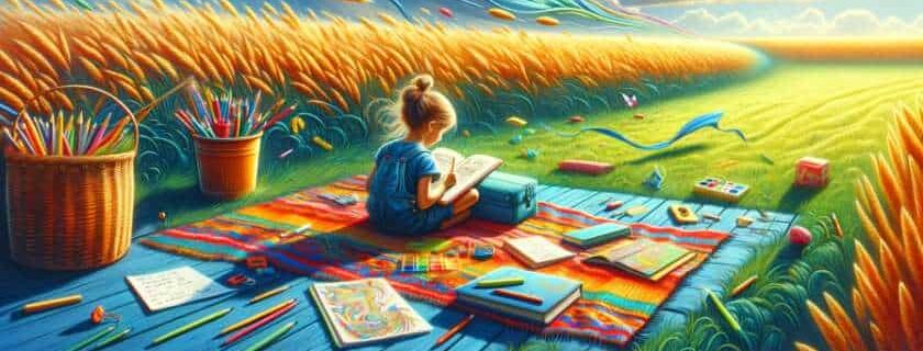 a child sitting on a blanket and surrounded by educational materials carried by the wind