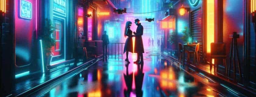 a clandestine meeting between two secret lovers in a dimly lit futuristic cyberpunk alley