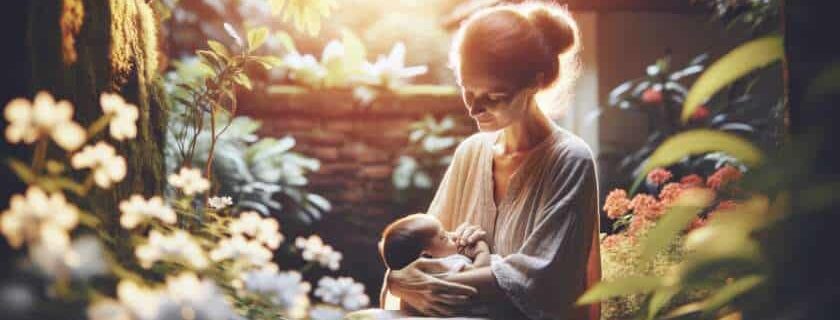 a compassionate mother in a sunlit garden cradling her newborn with tenderness