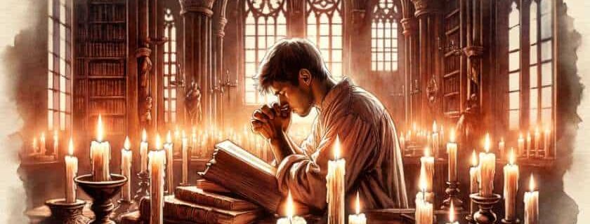 a determined student surrounded by flickering candles in a medieval-style library