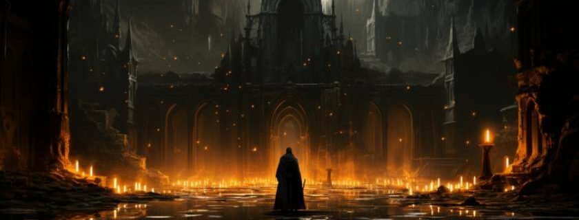a digital illustration depicting a lone wanderer pausing in a cathedral's shadow