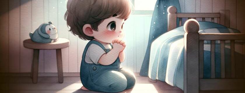 a heartwarming scene of a cute child kneeling beside their bed