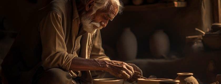 a humble craftsman passionately creating intricate pottery