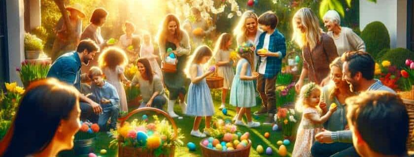 a joyous Easter Day celebration, families gathering in a sunlit garden filled with vibrant spring flowers with children and adults