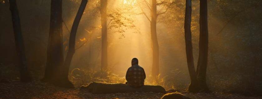 a lone figure kneels in prayer, bathed in the golden glow of the rising sun