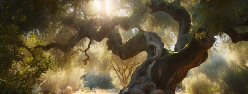 a majestic olive tree stands tall, its silver-green leaves shimmering in the dappled sunlight