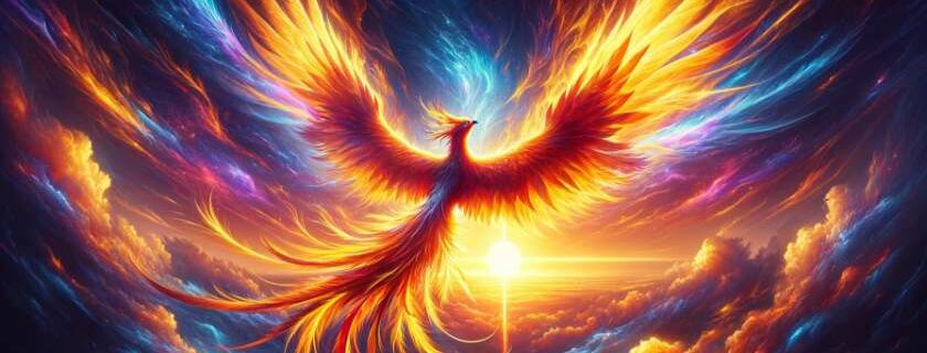 a majestic phoenix soaring high above a vibrant sunset sky