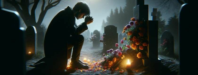 a man grieving by a moonlit grave