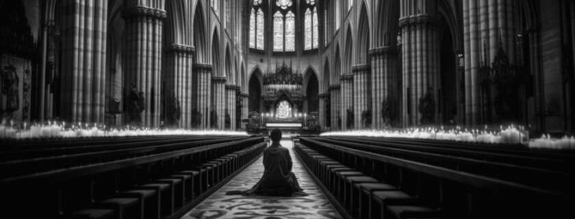 a man kneeling in front of the altar in a cathedral