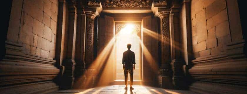 a man standing at the entrance of an ancient door, with rays of warm sunlight breaking through