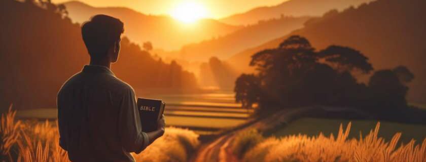 a person holding a Bible, backlit by the warm hues of a setting sun in a peaceful countryside setting