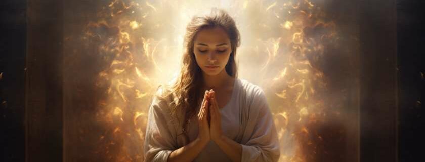 a person kneeling in prayer, bathed in ethereal light with divine hands reaching down towards them