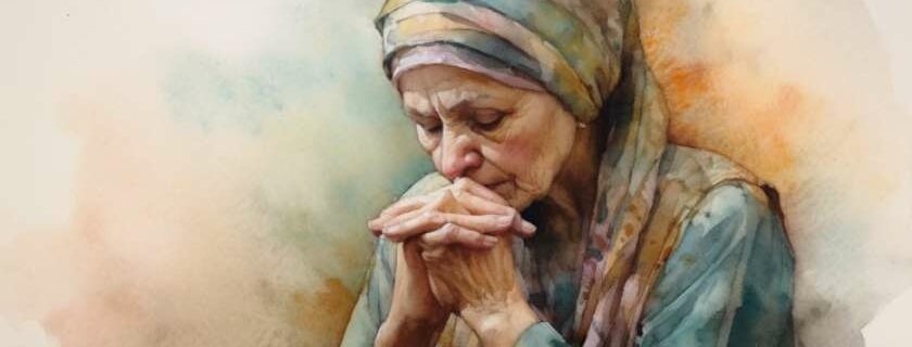 a watercolor painting capturing the serenity of prayer, depicting a solitary figure with closed eyes and clasped hands