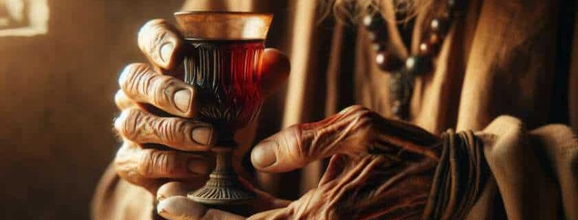 a weathered hand delicately holding an ancient goblet filled with aged wine