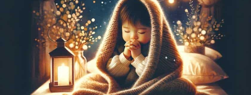 an adorable child nestled in a cozy blanket whispering a nighttime prayer beside a bedside adorned with fairy lights