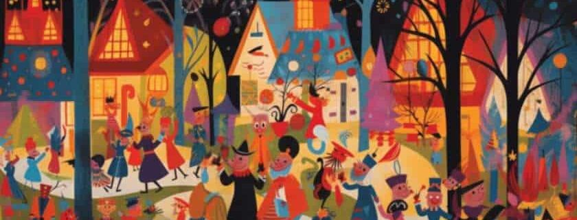 an illustration inspired by Mary Blair's whimsical style, a jubilee year celebration unfolds with charming detail, showcasing a lively parade of characters