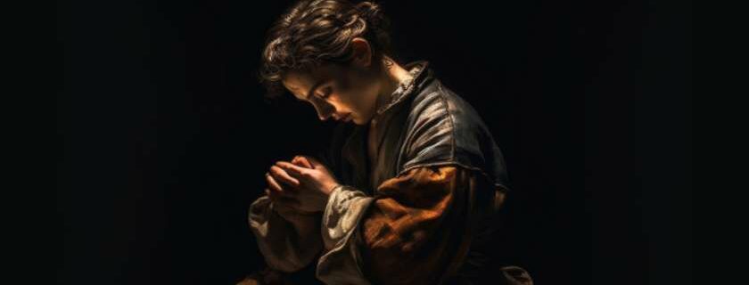 an illustration of a figure kneeling in prayer, reminiscent of Caravaggio's dramatic style, with chiaroscuro lighting emphasizing the subject's devotion
