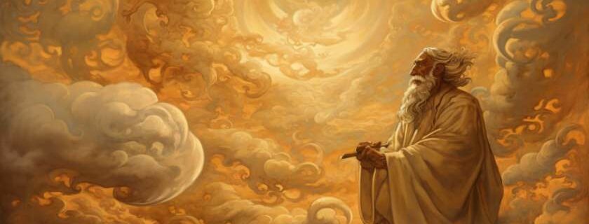 an illustration of god speaking to humanity, depicting ethereal figures amidst swirling clouds
