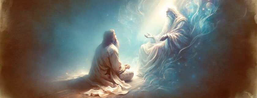 an intimate scene of a person meeting God, the atmosphere evoking tranquility and spiritual connection
