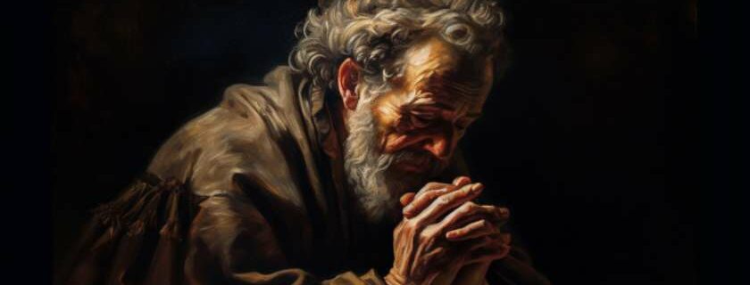 an oil painting portraying a devout individual kneeling in prayer, hands clasped in reverence