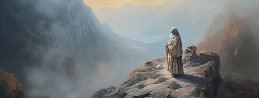 an old man in robes contemplating at a mountaintop and god knows your heart